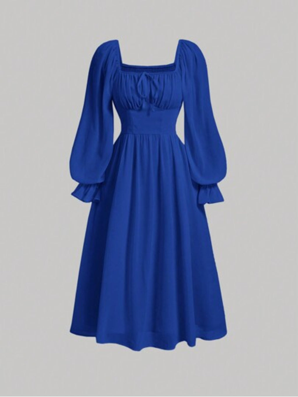 MOD Women's Style Minimalist Solid Color Neck Ruffle Sleeve Pleated Waist SpringAutumn.Ivory Chiffon Midi Dress