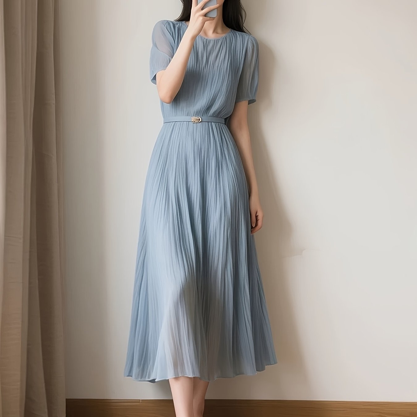 Ladies Temperament Fashion Pleated Solid Color Dress Includes Belt Party Holiday Chiffon Dress