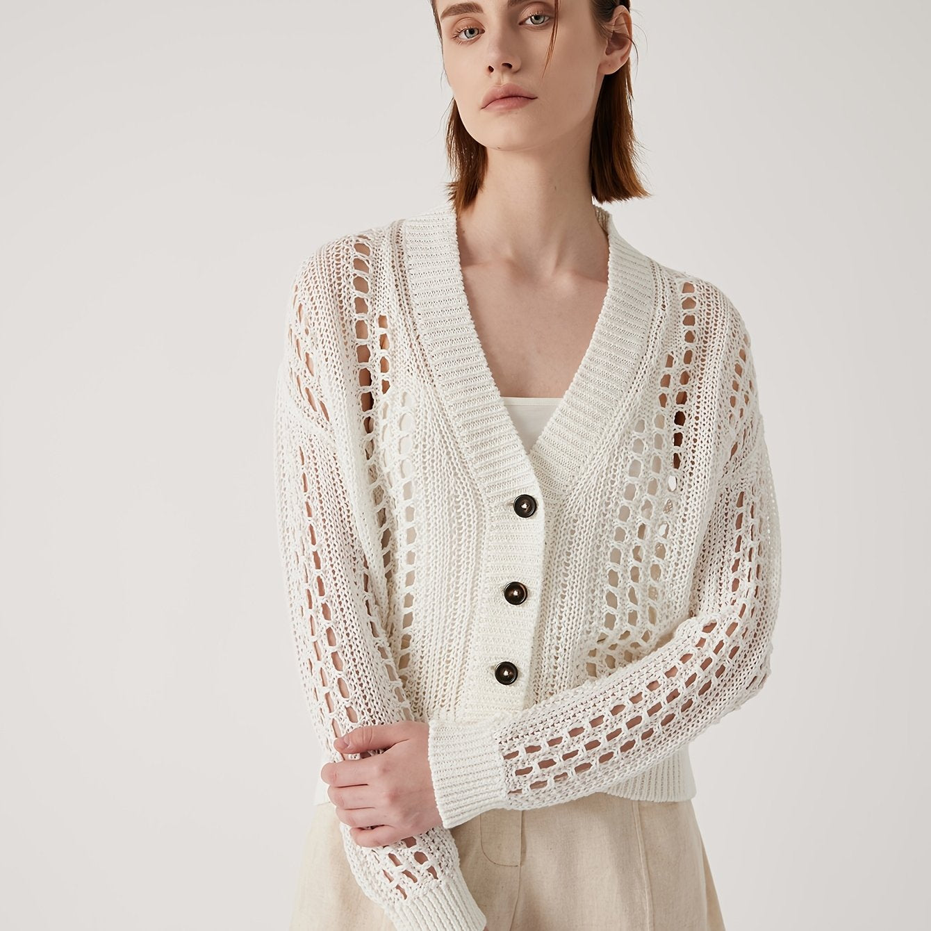 BC1121 Luxury Women's Clothing Summer 100% Linen Open Cardigan V-Neck Button Front Lightweight Breathable Cover Up for Beach Vacation & Outdoor
