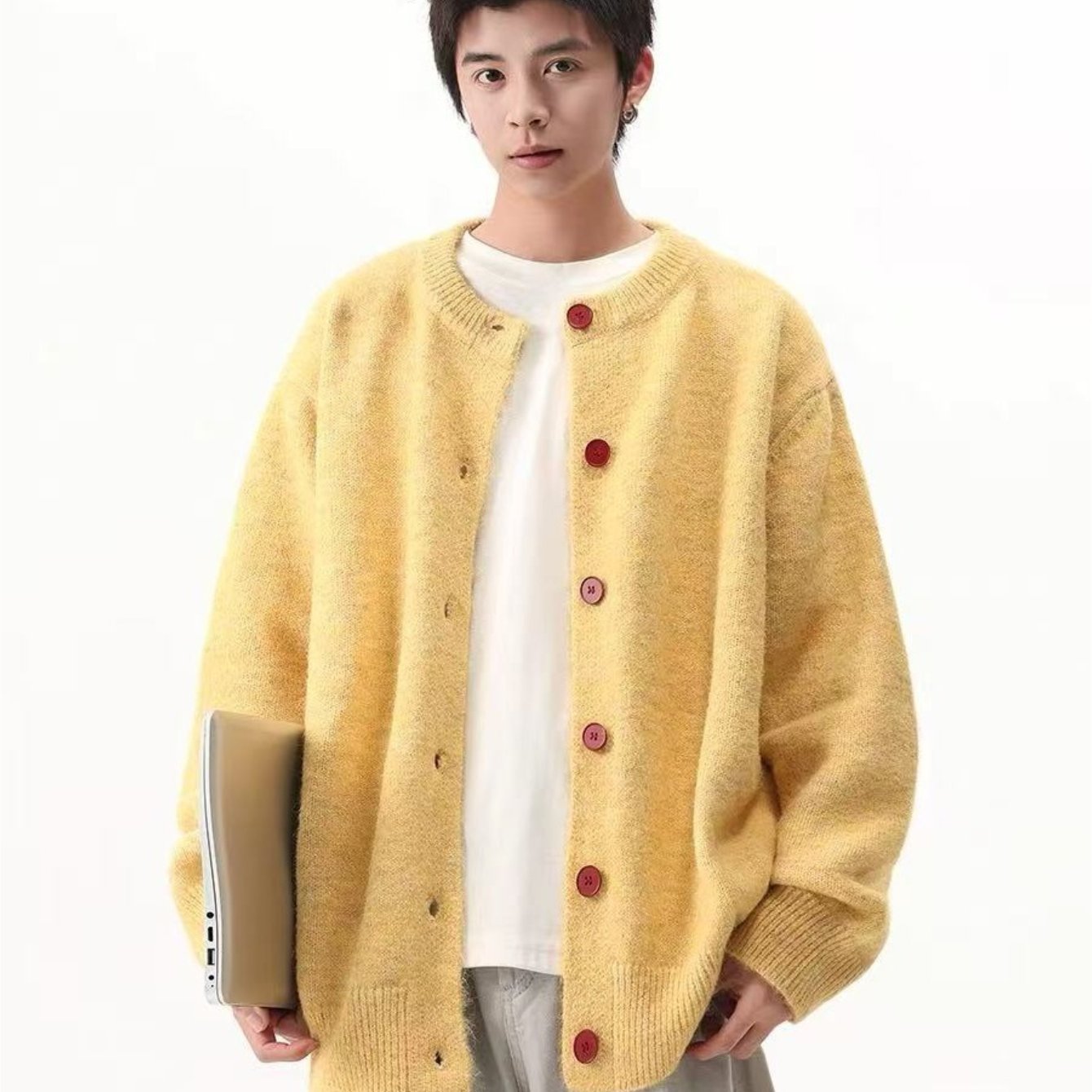Men' Vintage Button-Front Cardigan Sweater Jacket - Mustard Yellow Knit Jacket with Rust Red Buttons, Wide Fit Round Neck Suitable for Fall\u002FWinter, Smart Casual for Cafe & Daily Wear, Christmas Outfits, Non- Cozy Outerwear
