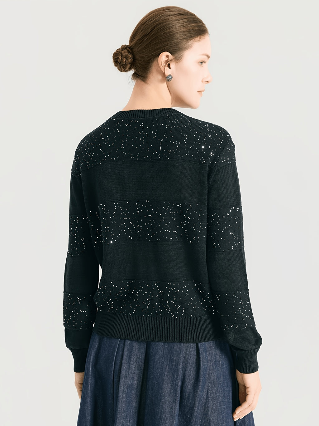 BD4611453 100% Linen Sequin Cardigan for Women, Elegant Open Front Long Sleeve Jacket with Scattered Paillette Detail, Lightweight Breathable Knitwear for Party & Office