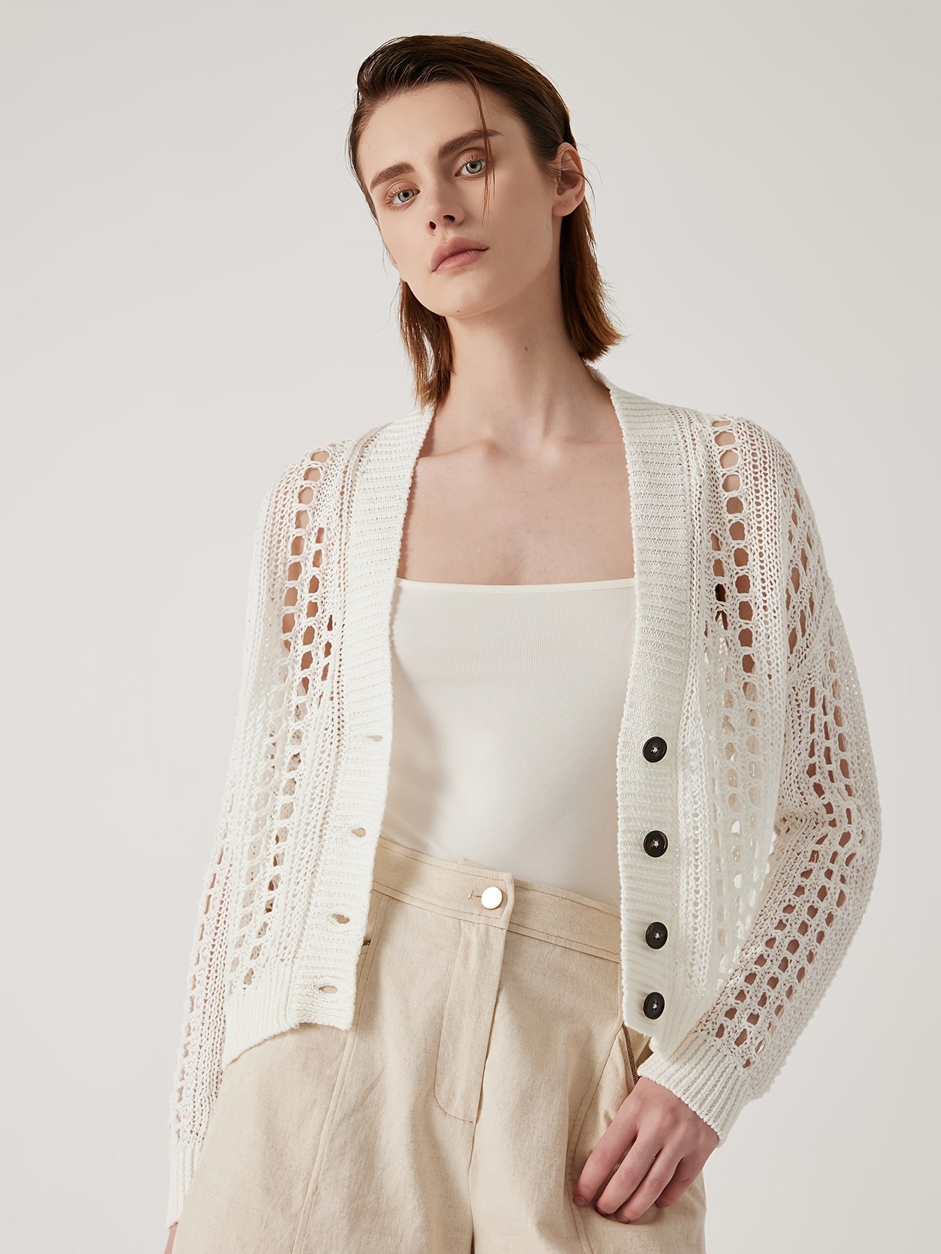 BC1121 Luxury Women's Clothing Summer 100% Linen Open Cardigan V-Neck Button Front Lightweight Breathable Cover Up for Beach Vacation & Outdoor