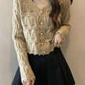 French Hollow-Out V-Ne Lightweight Cardigan - Spring Autumn Knitwear for Women - Short Length Sweater - Soft and Comfortable - Casual Daily Wear - Trendy Design - Versatile Layering Piece - Street Style - Ideal for All Season