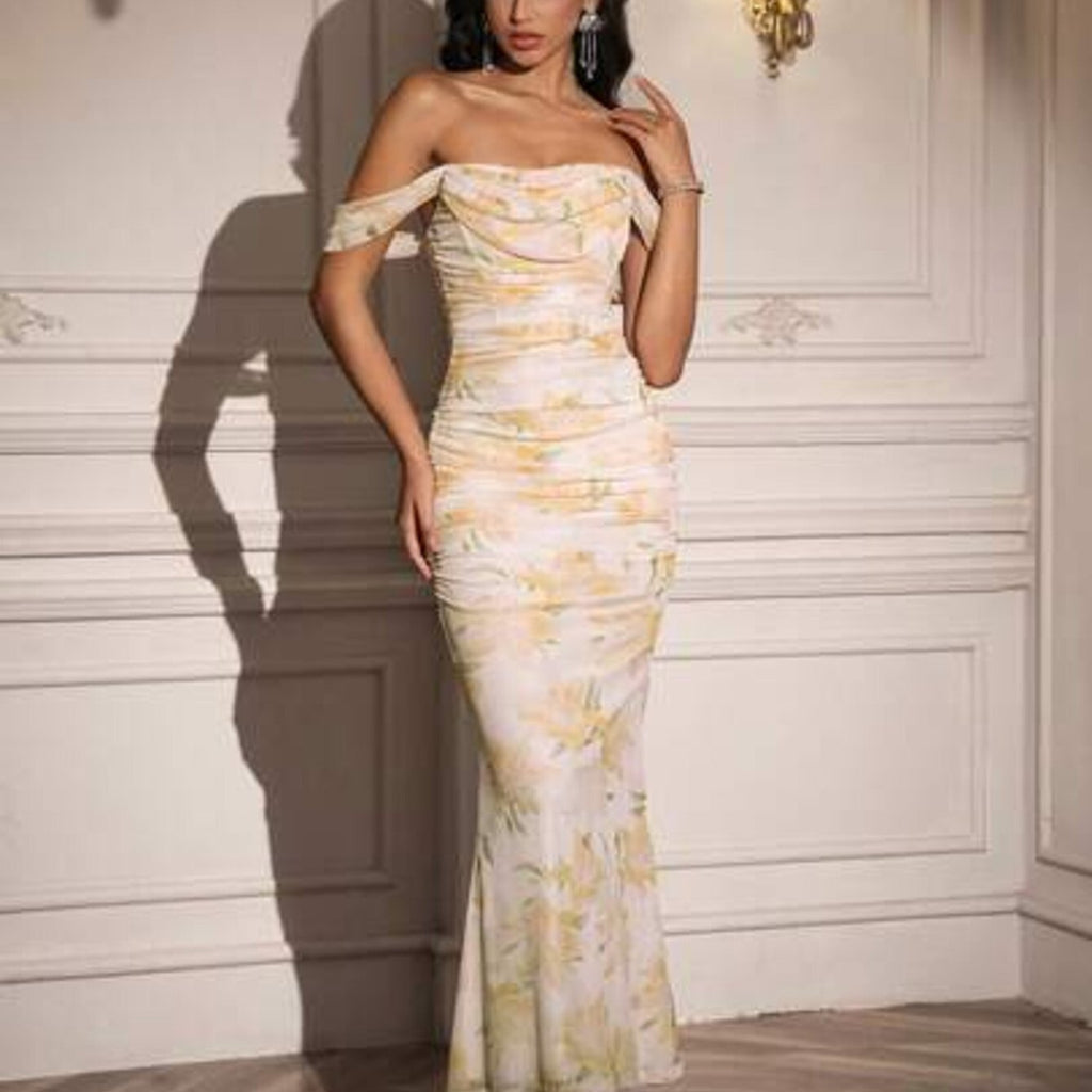 PARTHEA Women's Off-Shoulder Mermaid Maxi Dress with Ruffle Hem - Sleeveless Fitted Party Wedding Guest Dress, Solid Color Elegant -Length Dress Suitable for Prom, Special Occasions, Machine Washable