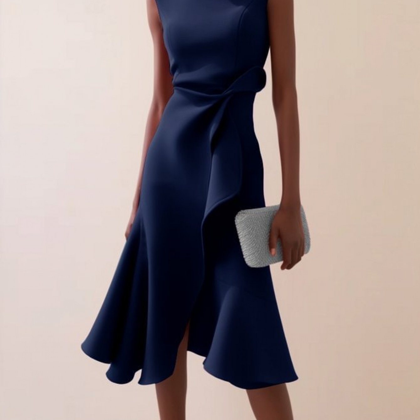 Women'S Sleeveless Midi Dress, Round Neck with Side Tie Knot Detail, Ruffle Wrap Flounce Hem, Elegant A-Line Silhouette, Perfect for Weddings, Cocktail Parties, Evening Events And Special Occasions, Chic And Sophisticated