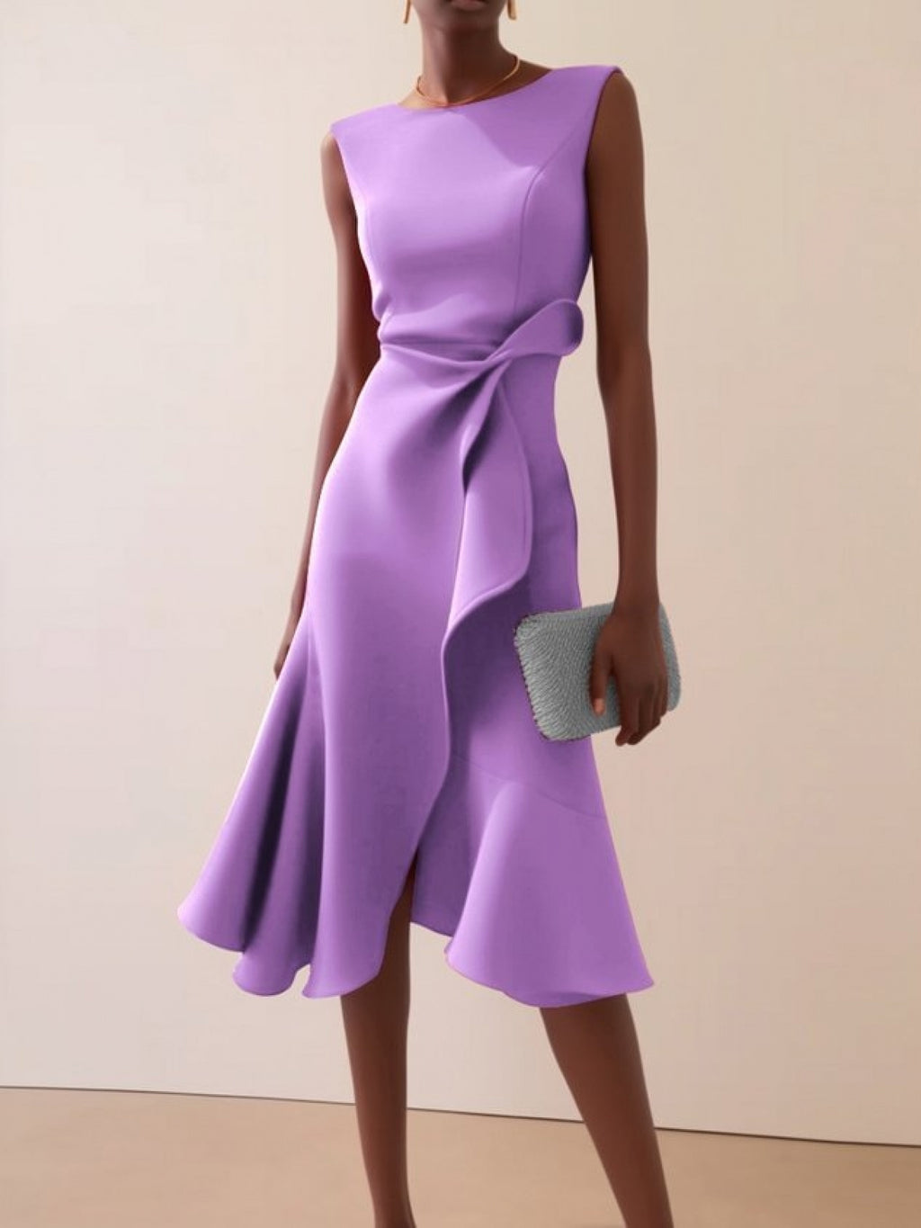 Women'S Sleeveless Midi Dress, Round Neck with Side Tie Knot Detail, Ruffle Wrap Flounce Hem, Elegant A-Line Silhouette, Perfect for Weddings, Cocktail Parties, Evening Events And Special Occasions, Chic And Sophisticated