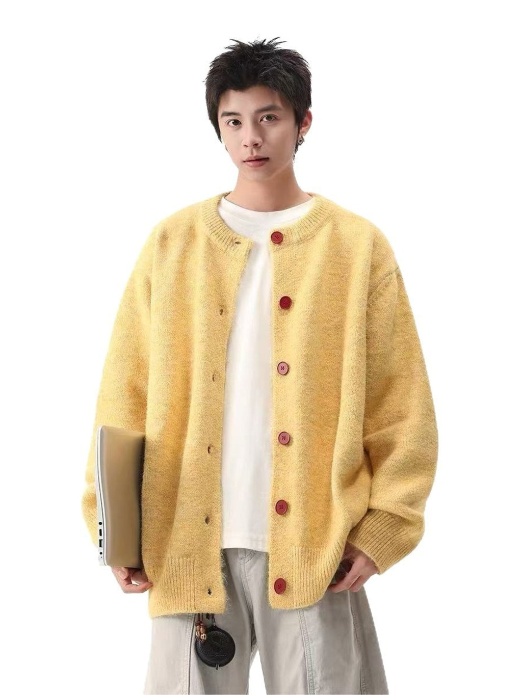 Men' Vintage Button-Front Cardigan Sweater Jacket - Mustard Yellow Knit Jacket with Rust Red Buttons, Wide Fit Round Neck Suitable for Fall\u002FWinter, Smart Casual for Cafe & Daily Wear, Christmas Outfits, Non- Cozy Outerwear