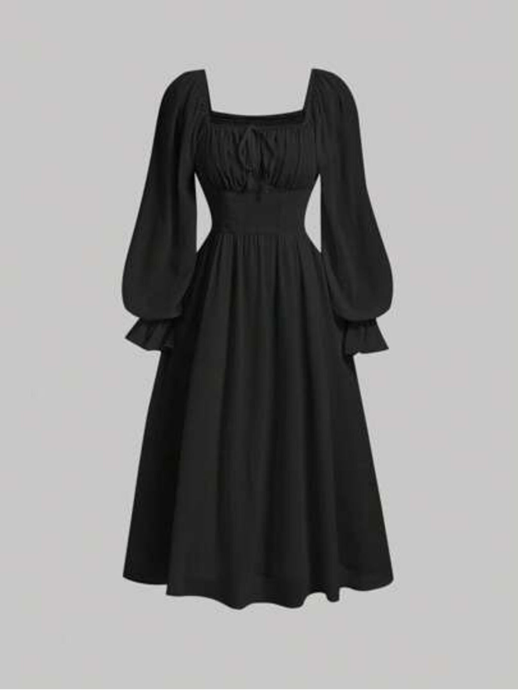MOD Women's Style Minimalist Solid Color Neck Ruffle Sleeve Pleated Waist SpringAutumn.Ivory Chiffon Midi Dress