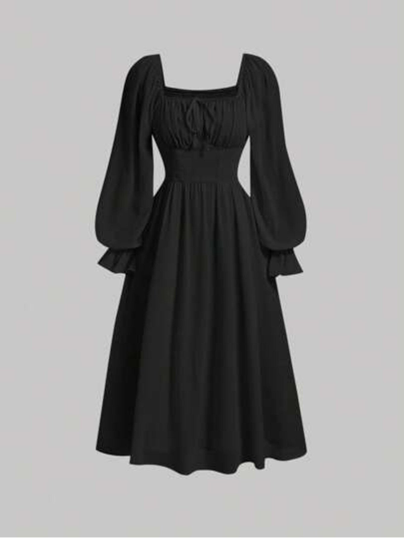 MOD Women's Style Minimalist Solid Color Neck Ruffle Sleeve Pleated Waist SpringAutumn.Ivory Chiffon Midi Dress
