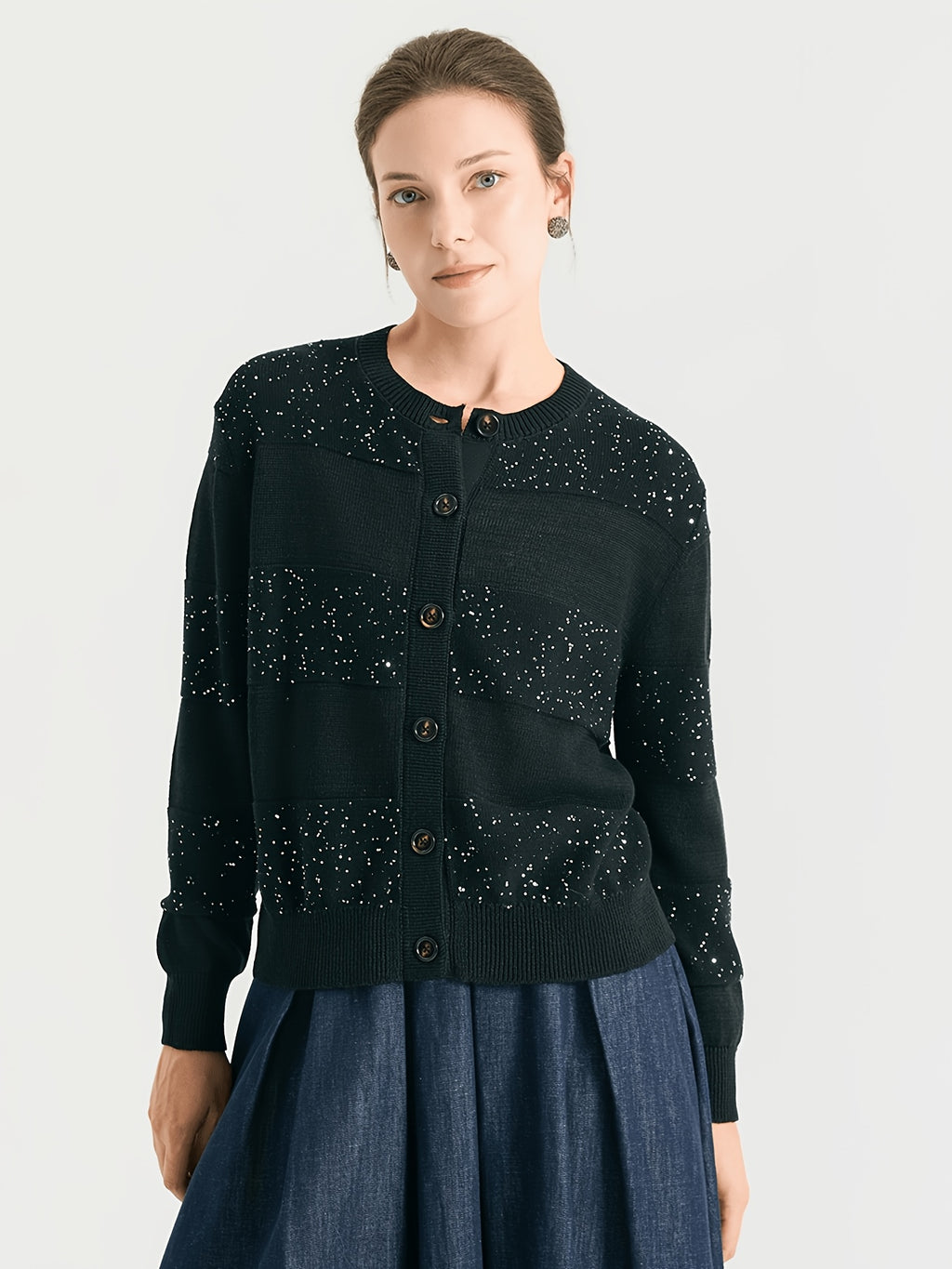BD4611453 100% Linen Sequin Cardigan for Women, Elegant Open Front Long Sleeve Jacket with Scattered Paillette Detail, Lightweight Breathable Knitwear for Party & Office