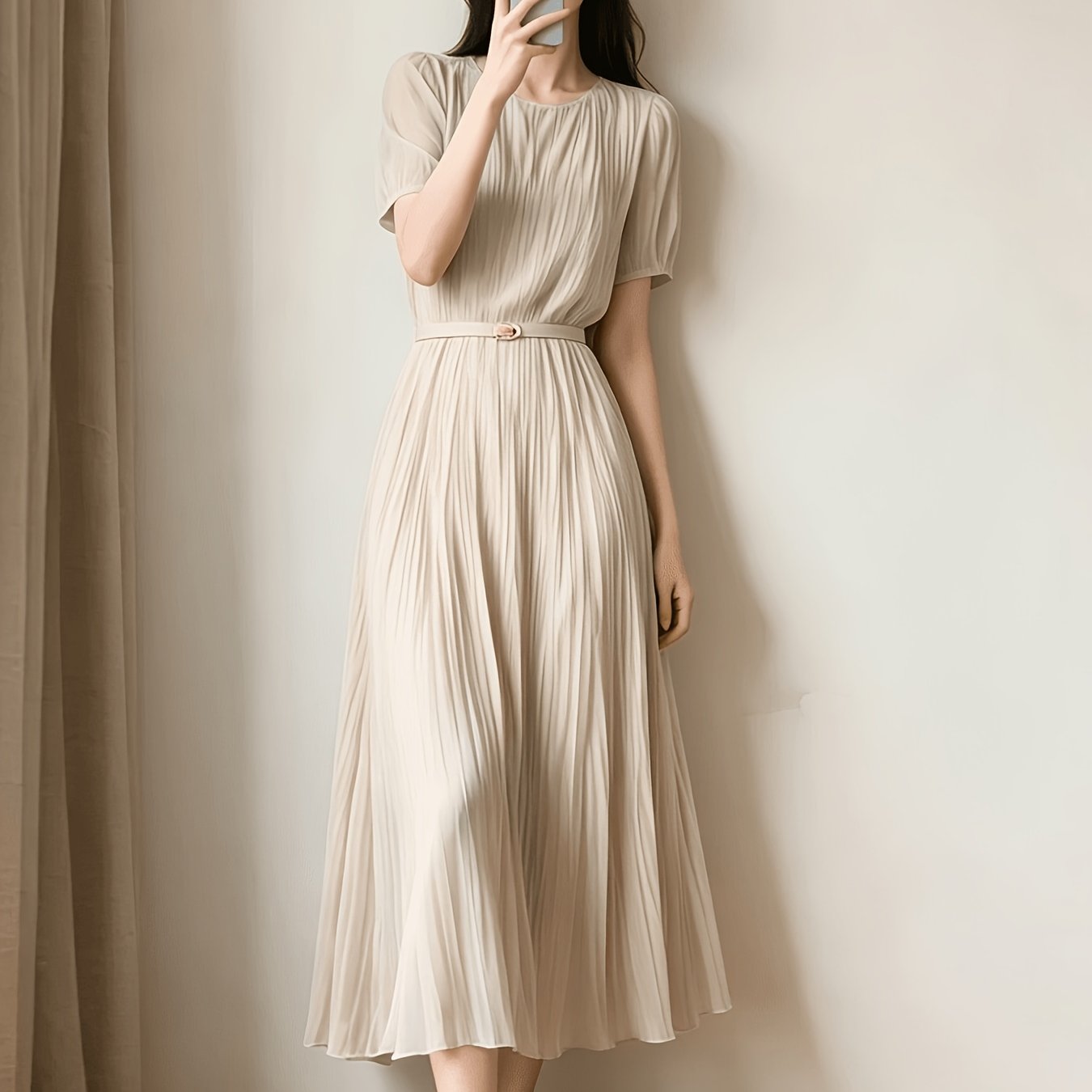 Ladies Temperament Fashion Pleated Solid Color Dress Includes Belt Party Holiday Chiffon Dress
