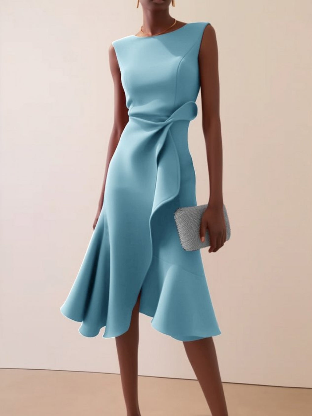 Women'S Sleeveless Midi Dress, Round Neck with Side Tie Knot Detail, Ruffle Wrap Flounce Hem, Elegant A-Line Silhouette, Perfect for Weddings, Cocktail Parties, Evening Events And Special Occasions, Chic And Sophisticated
