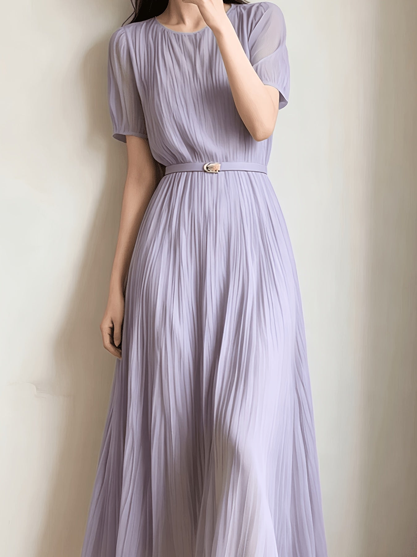 Ladies Temperament Fashion Pleated Solid Color Dress Includes Belt Party Holiday Chiffon Dress