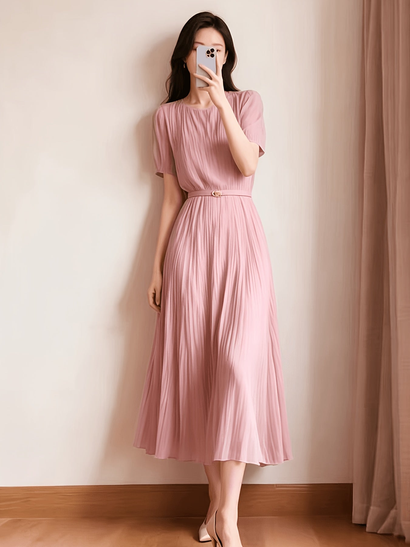 Ladies Temperament Fashion Pleated Solid Color Dress Includes Belt Party Holiday Chiffon Dress
