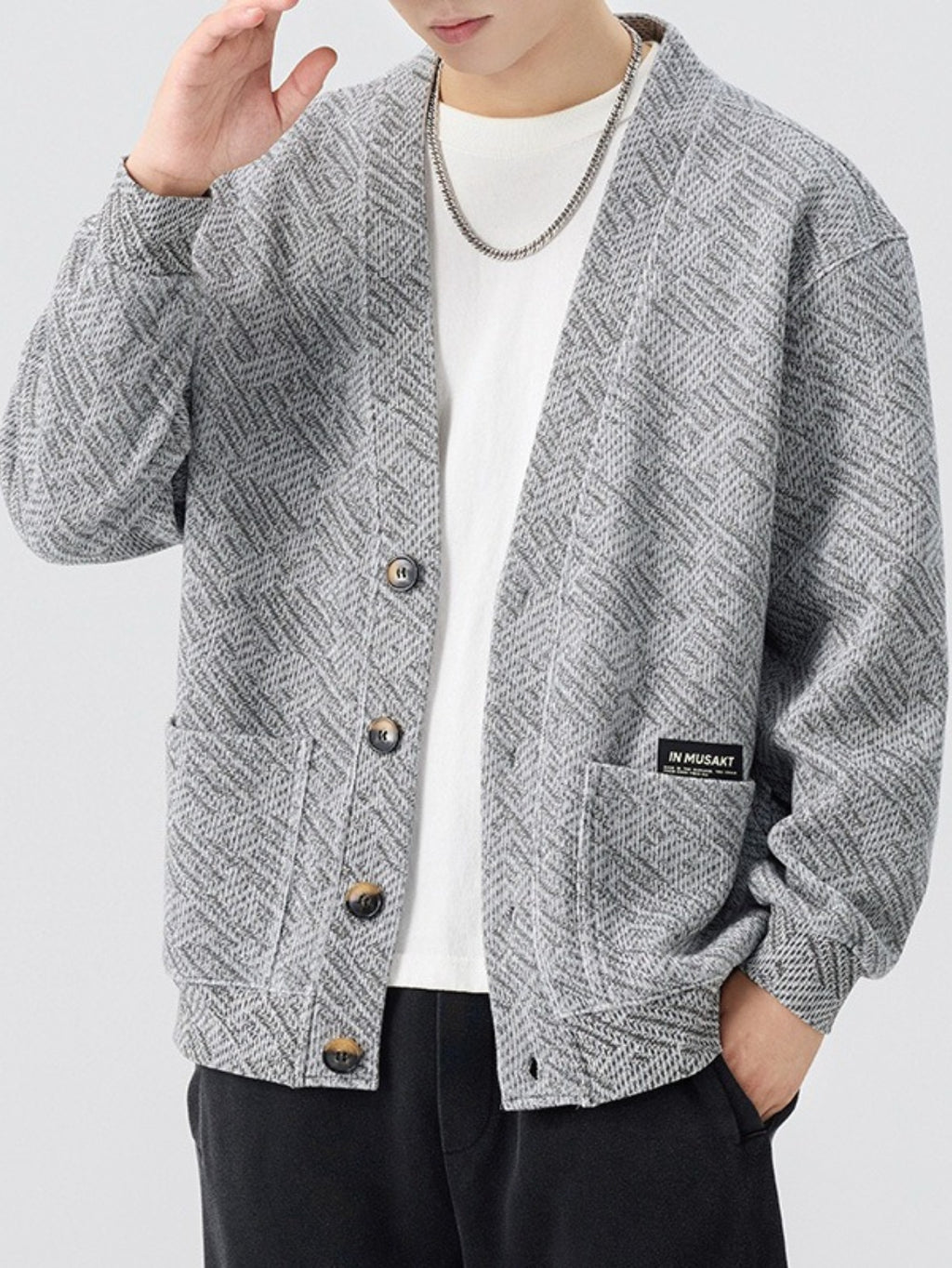 Grey Herringbone Knit Cardigan Oversized V Neck Button Front Sweater Streetwear Relaxed Top for Cafe And Campus Style