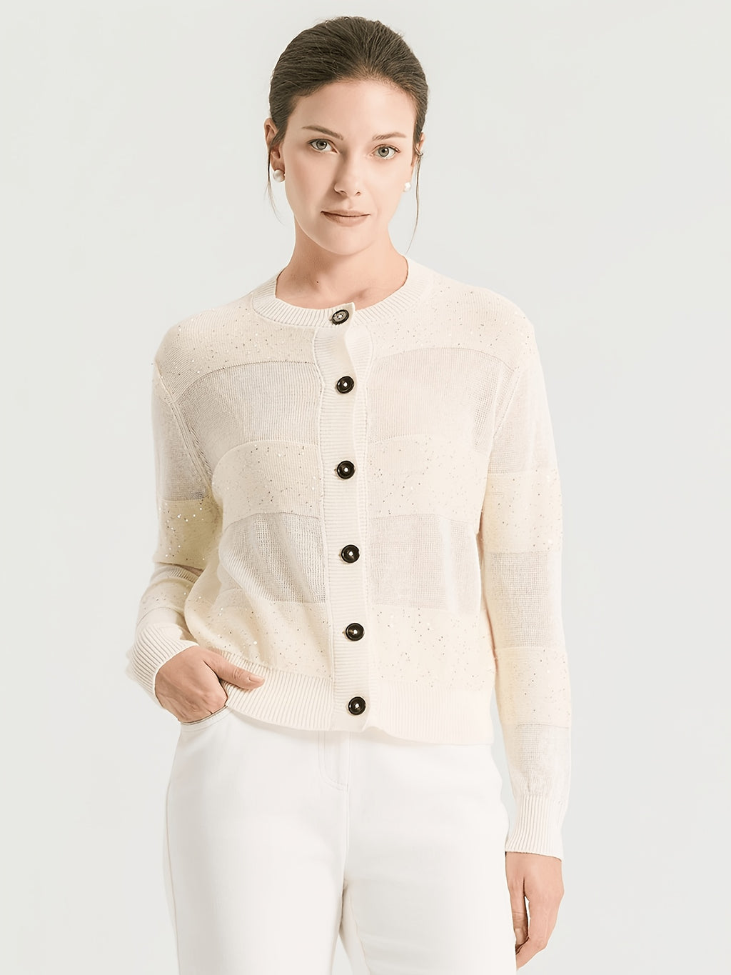 BD4611453 100% Linen Sequin Cardigan for Women, Elegant Open Front Long Sleeve Jacket with Scattered Paillette Detail, Lightweight Breathable Knitwear for Party & Office