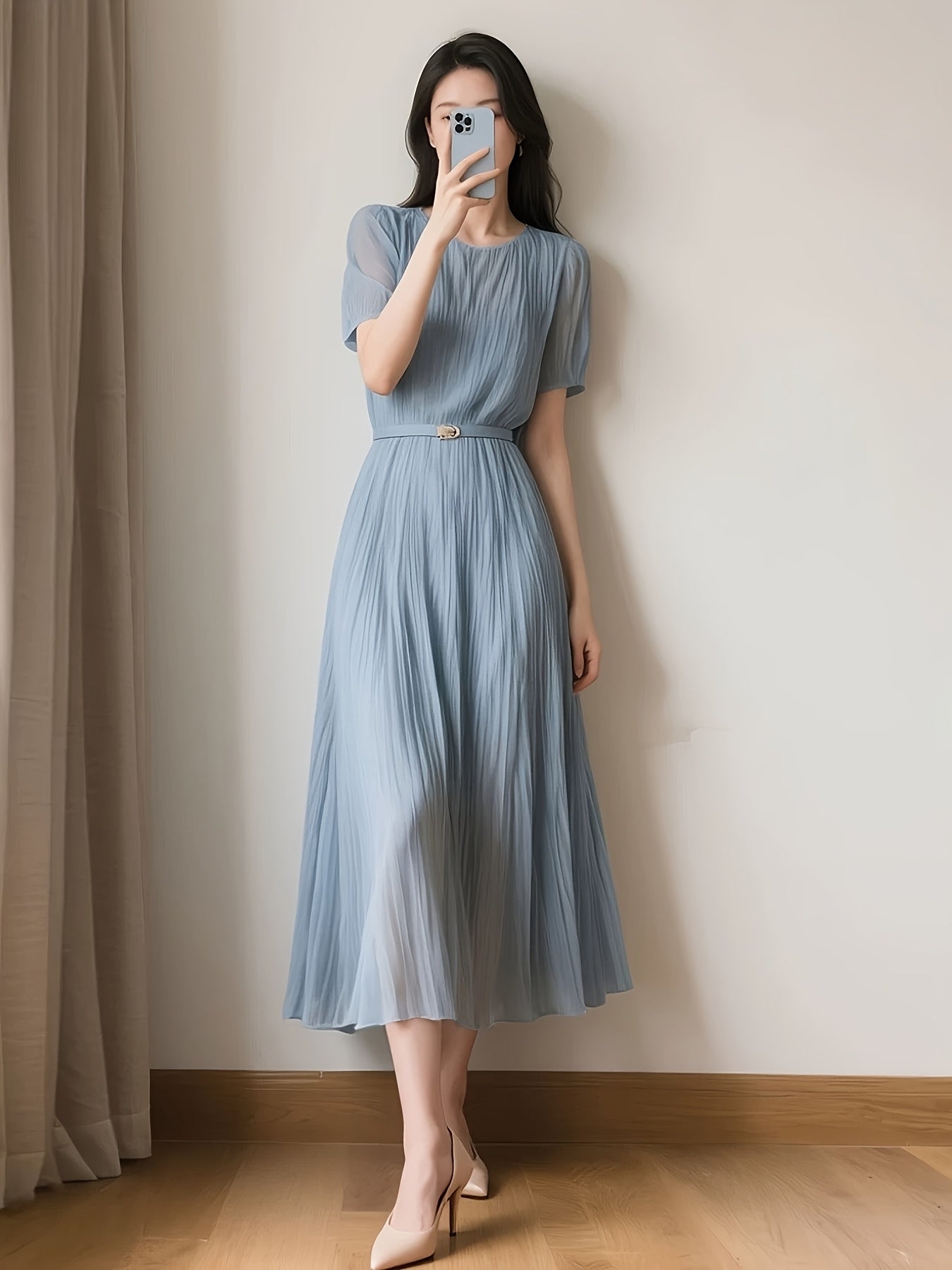 Ladies Temperament Fashion Pleated Solid Color Dress Includes Belt Party Holiday Chiffon Dress