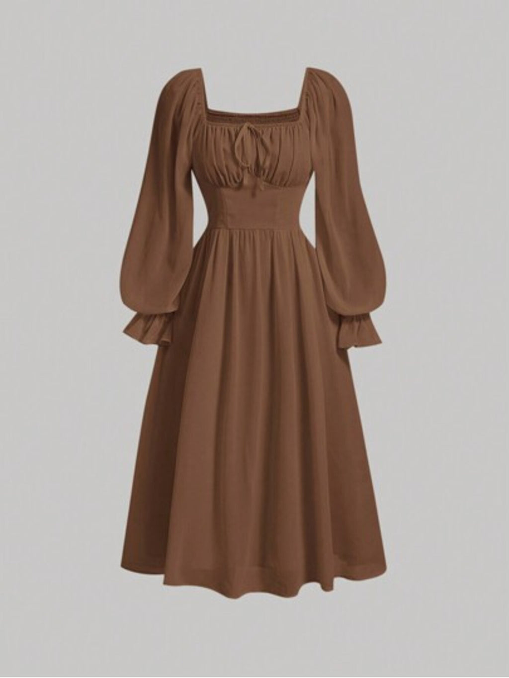 MOD Women's Style Minimalist Solid Color Neck Ruffle Sleeve Pleated Waist SpringAutumn.Ivory Chiffon Midi Dress