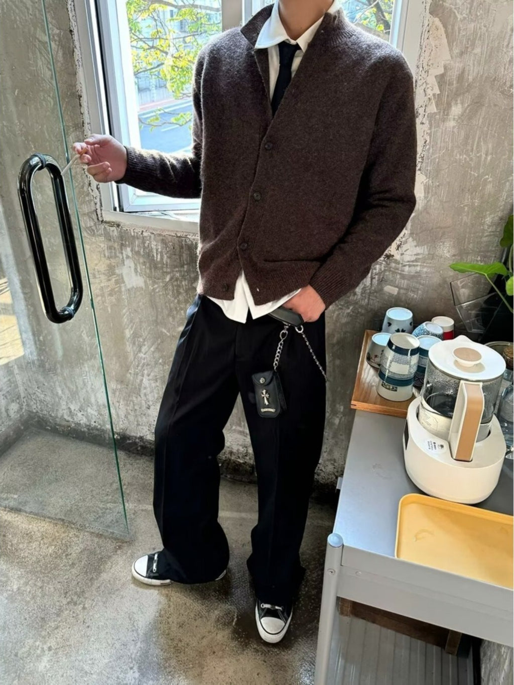 Teen Youth Men Retro Knit Cardigan Dark Gray Cashmere Mock Neck Cleanfit Style Loose Fit Versatile Minimalist Knit Jacket for Commute And Daily Outfits