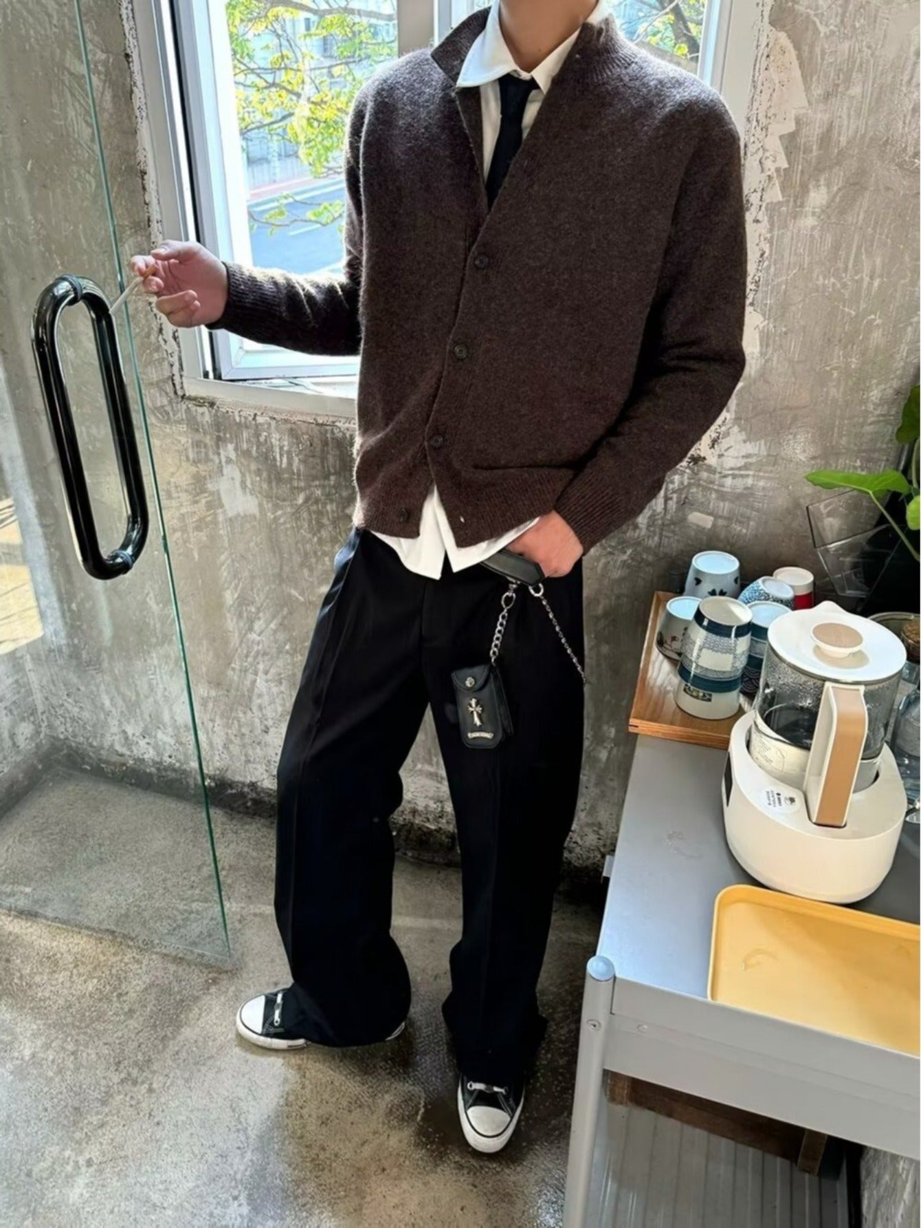 Teen Youth Men Retro Knit Cardigan Dark Gray Cashmere Mock Neck Cleanfit Style Loose Fit Versatile Minimalist Knit Jacket for Commute And Daily Outfits