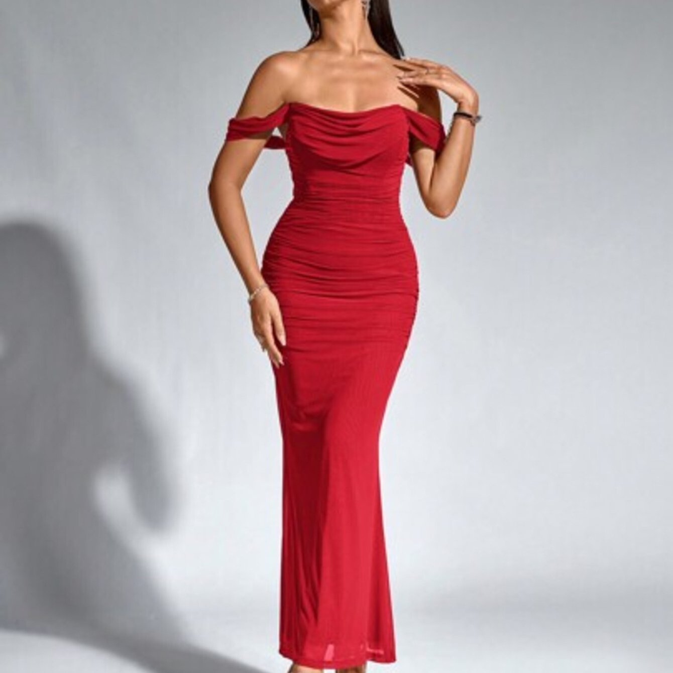 PARTHEA Women's Off-Shoulder Mermaid Maxi Dress with Ruffle Hem - Sleeveless Fitted Party Wedding Guest Dress, Solid Color Elegant -Length Dress Suitable for Prom, Special Occasions, Machine Washable