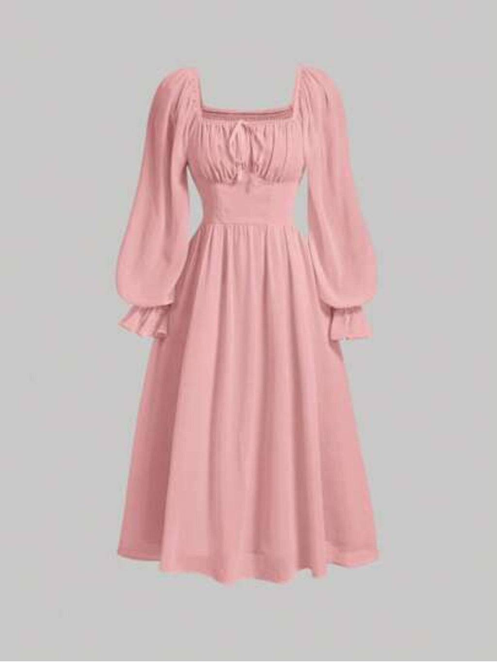 MOD Women's Style Minimalist Solid Color Neck Ruffle Sleeve Pleated Waist SpringAutumn.Ivory Chiffon Midi Dress