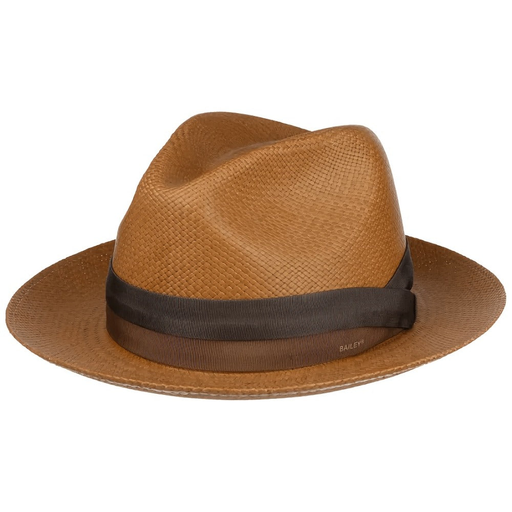 Unisex Straw Fedora Hat - Classic Panama-Style Summer Beach Sun Hat Featuring a Wide Brim And Two-Tone Grosgrain Ribbon; Breathable And Stylish Trilby Silhouette, Ideal for Travel And Outdoor Activities - Whiskey Brown