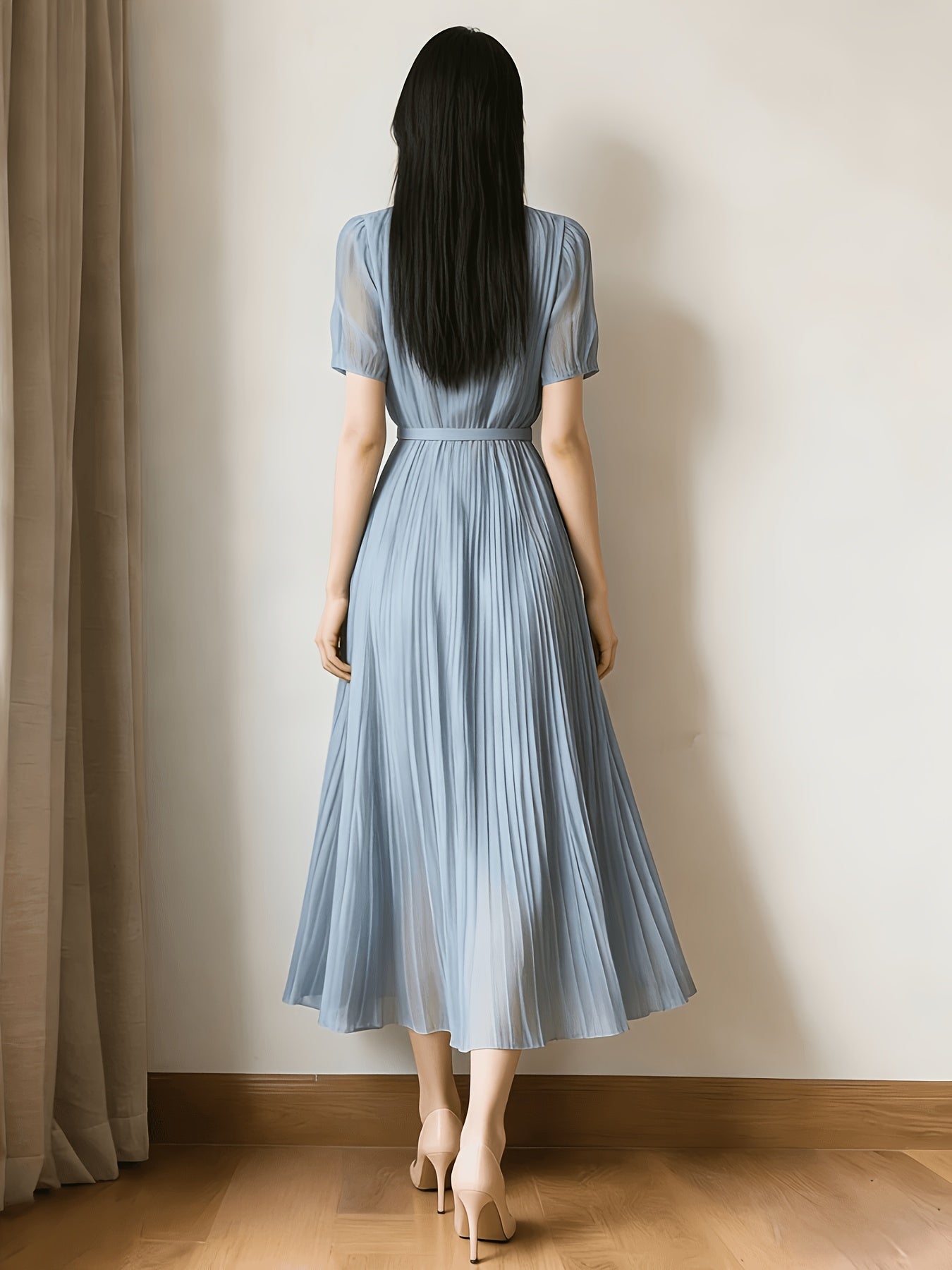 Ladies Temperament Fashion Pleated Solid Color Dress Includes Belt Party Holiday Chiffon Dress