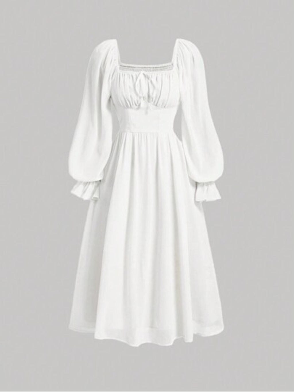 MOD Women's Style Minimalist Solid Color Neck Ruffle Sleeve Pleated Waist SpringAutumn.Ivory Chiffon Midi Dress