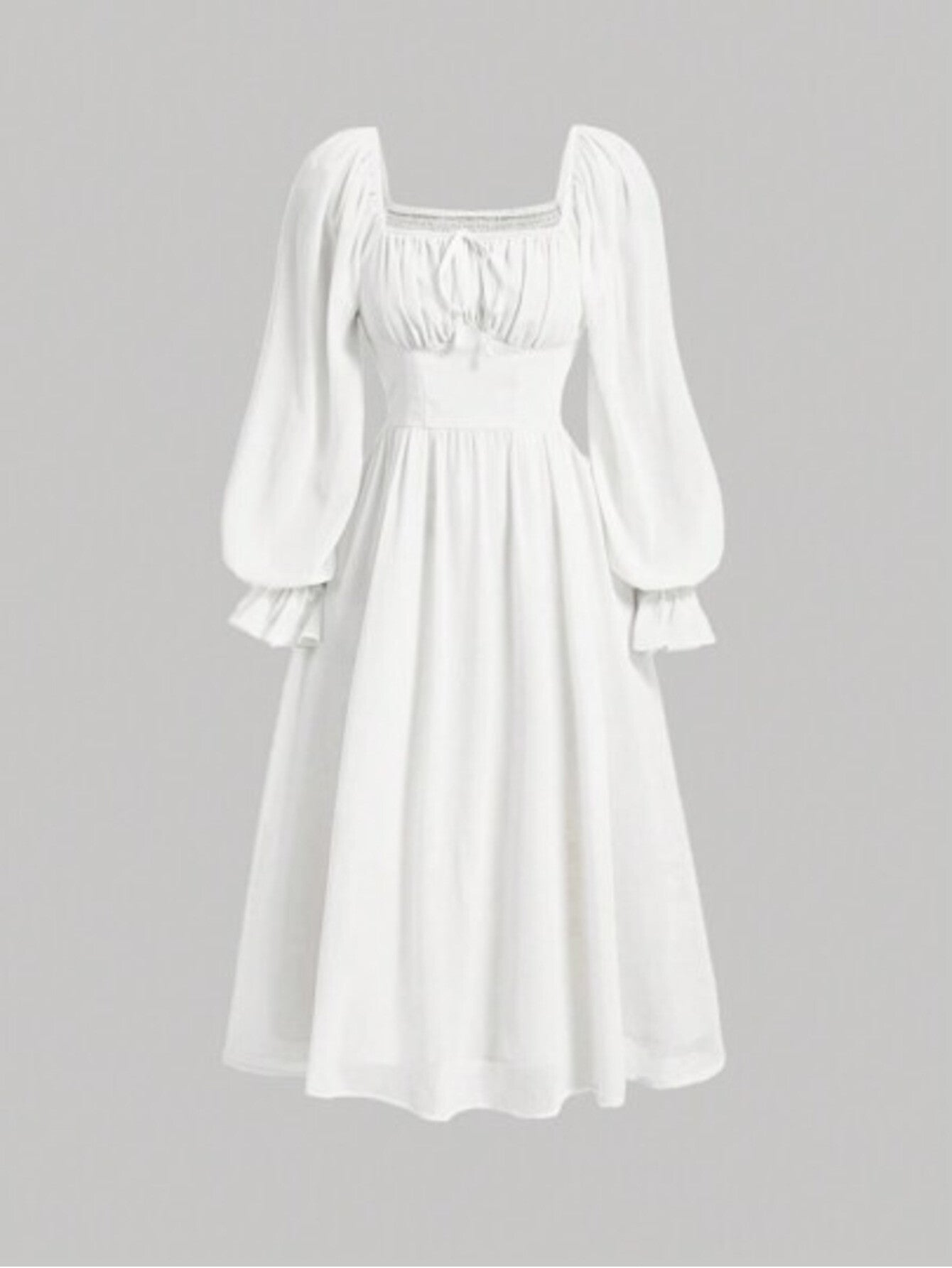 MOD Women's Style Minimalist Solid Color Neck Ruffle Sleeve Pleated Waist SpringAutumn.Ivory Chiffon Midi Dress