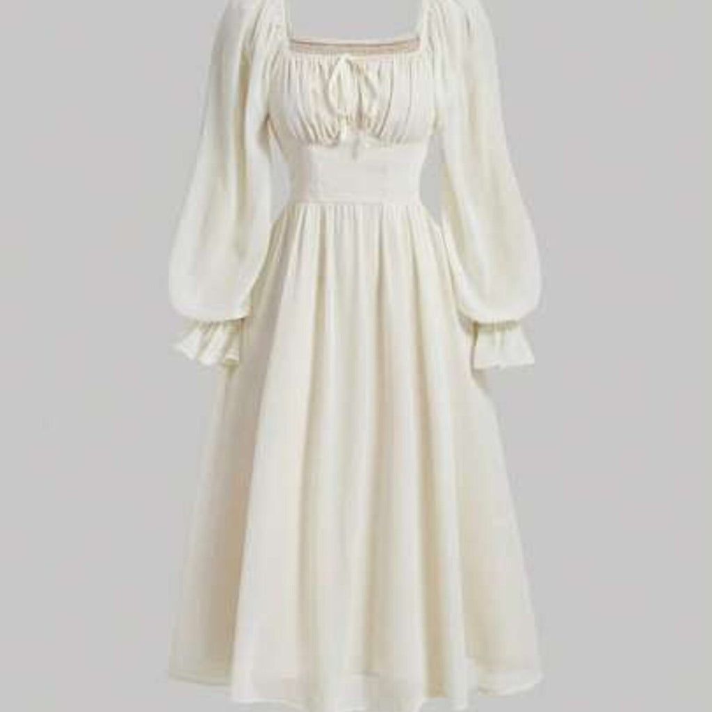 MOD Women's Style Minimalist Solid Color Neck Ruffle Sleeve Pleated Waist SpringAutumn.Ivory Chiffon Midi Dress