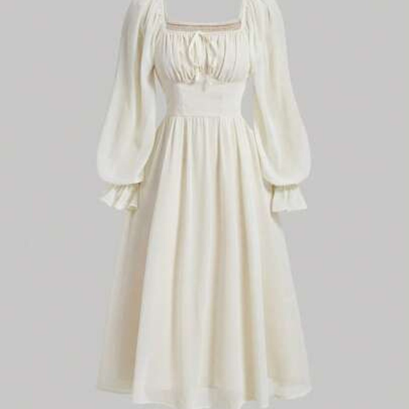 MOD Women's Style Minimalist Solid Color Neck Ruffle Sleeve Pleated Waist SpringAutumn.Ivory Chiffon Midi Dress