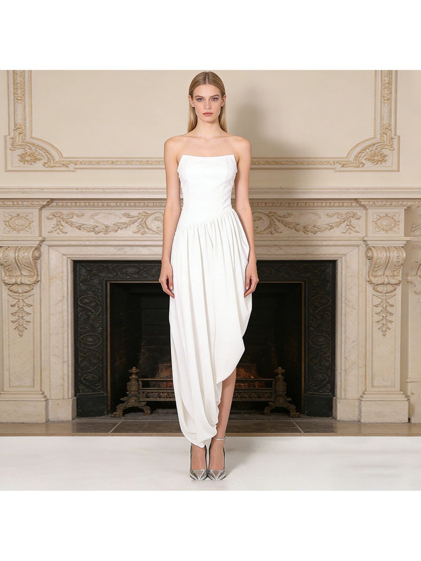 Women'S White Strapless Maxi Dress, Sleeveless Tube Top Ruched Asymmetrical Dress, Elegant High Waist Draped Bodycon Gown, Formal Evening Party Dress, Perfect for Wedding Guest, Cocktail, Bridesmaid, Prom And Special Occasions