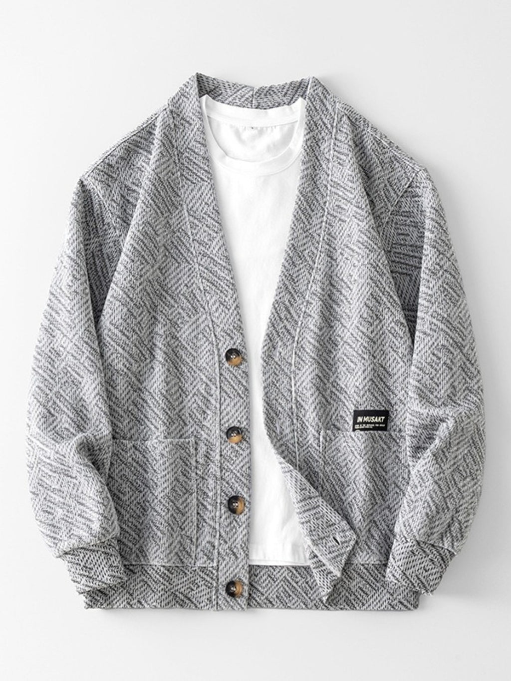 Grey Herringbone Knit Cardigan Oversized V Neck Button Front Sweater Streetwear Relaxed Top for Cafe And Campus Style