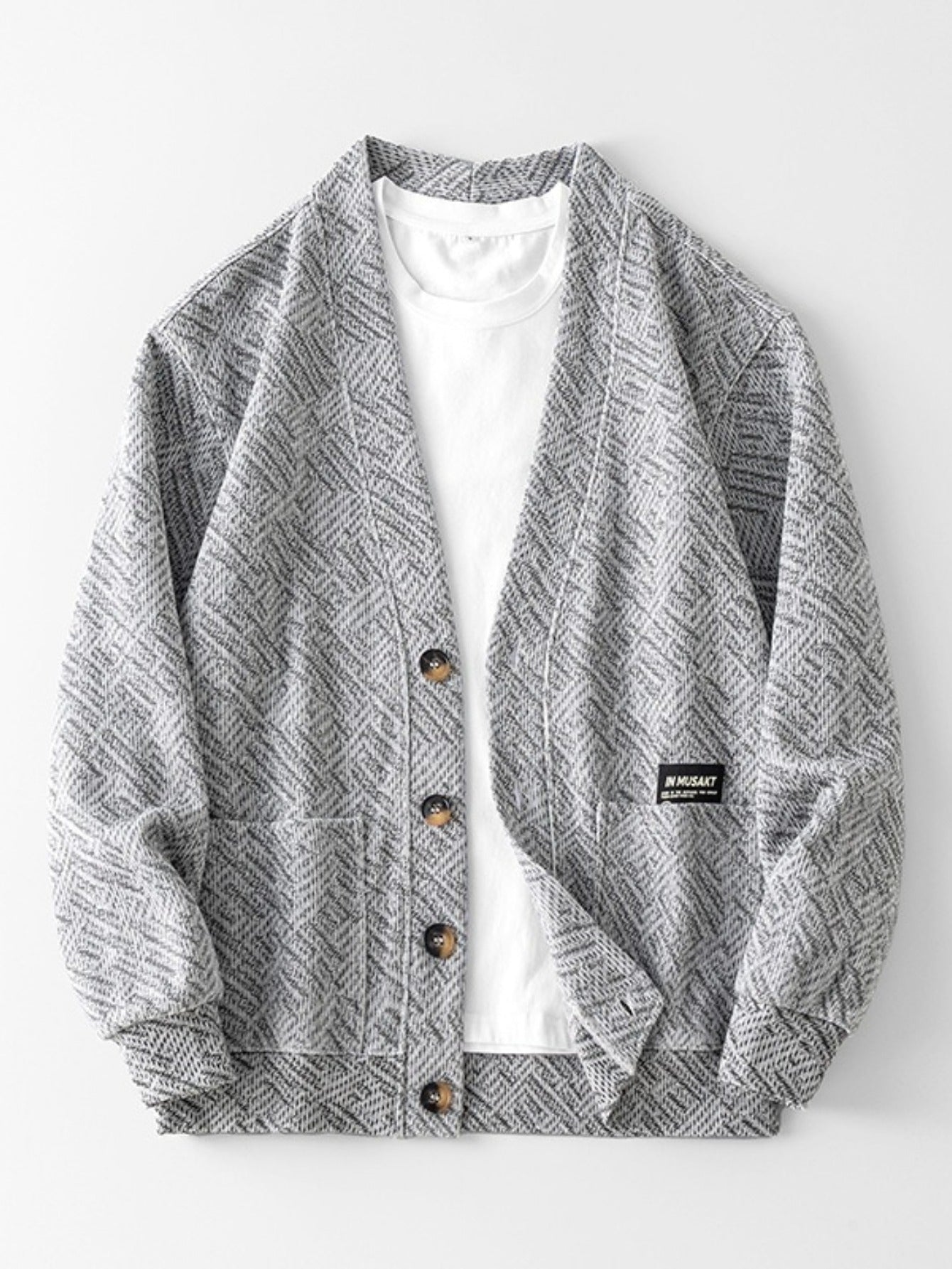 Grey Herringbone Knit Cardigan Oversized V Neck Button Front Sweater Streetwear Relaxed Top for Cafe And Campus Style