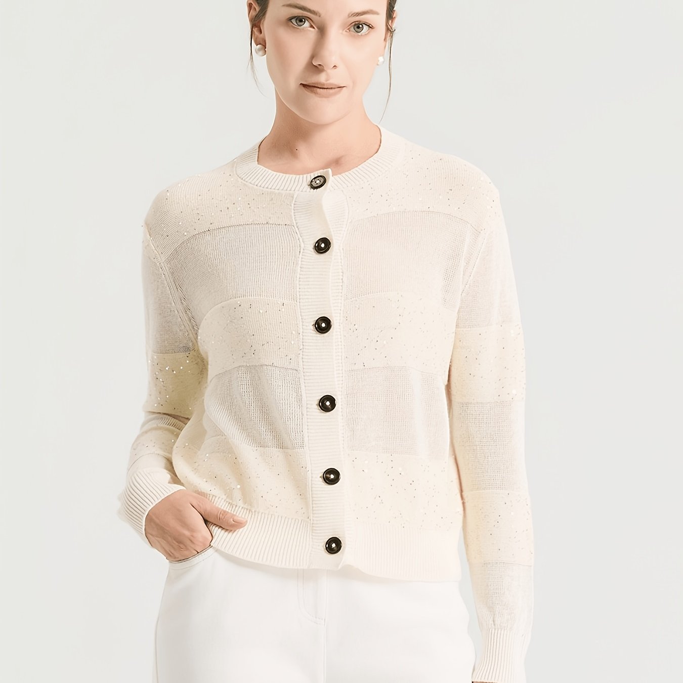 BD4611453 100% Linen Sequin Cardigan for Women, Elegant Open Front Long Sleeve Jacket with Scattered Paillette Detail, Lightweight Breathable Knitwear for Party & Office