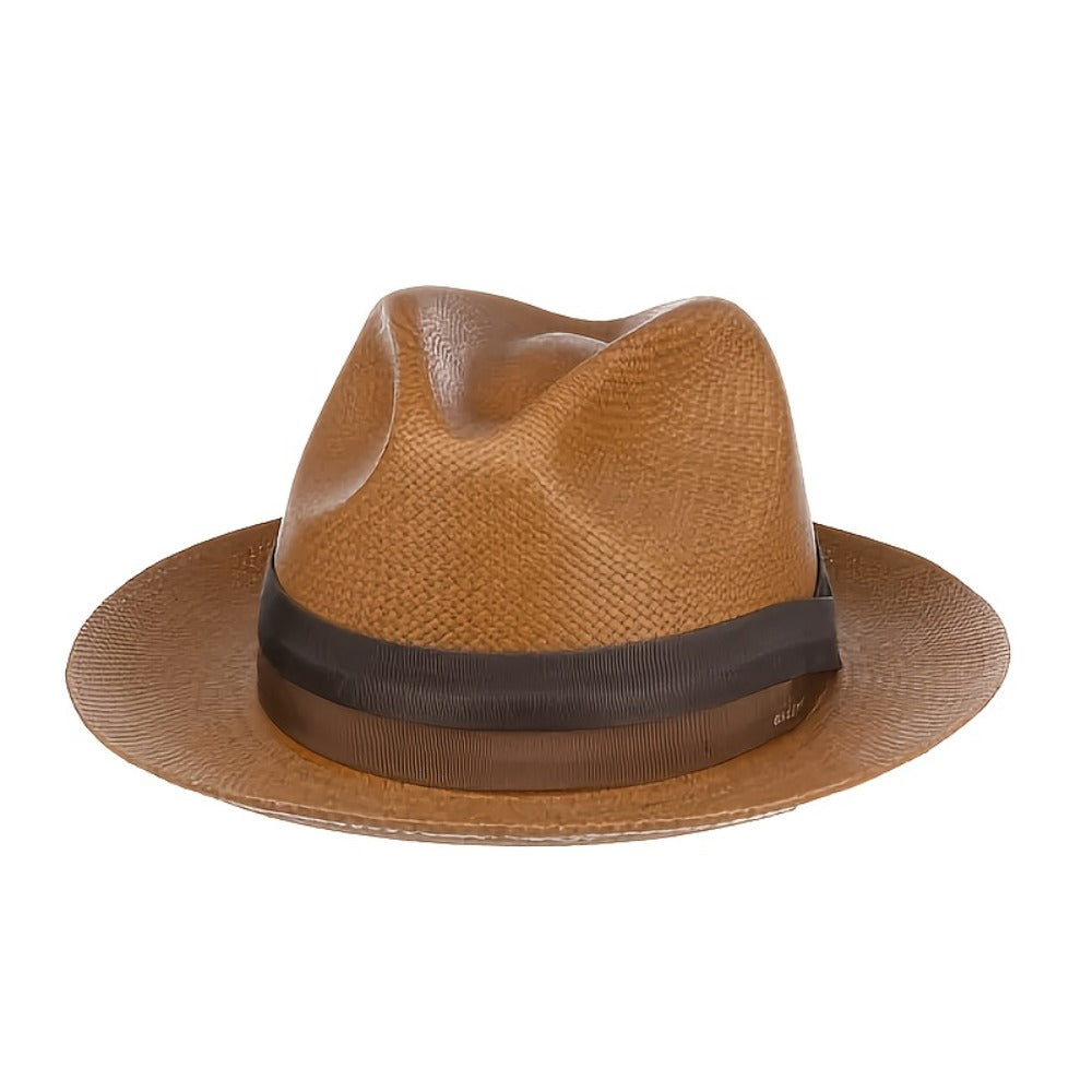 Unisex Straw Fedora Hat - Classic Panama-Style Summer Beach Sun Hat Featuring a Wide Brim And Two-Tone Grosgrain Ribbon; Breathable And Stylish Trilby Silhouette, Ideal for Travel And Outdoor Activities - Whiskey Brown