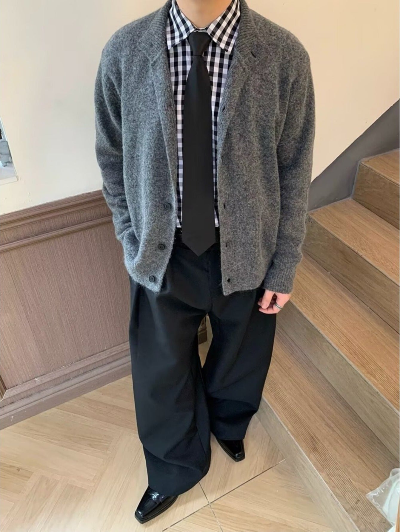 Teen Youth Men Retro Knit Cardigan Dark Gray Cashmere Mock Neck Cleanfit Style Loose Fit Versatile Minimalist Knit Jacket for Commute And Daily Outfits