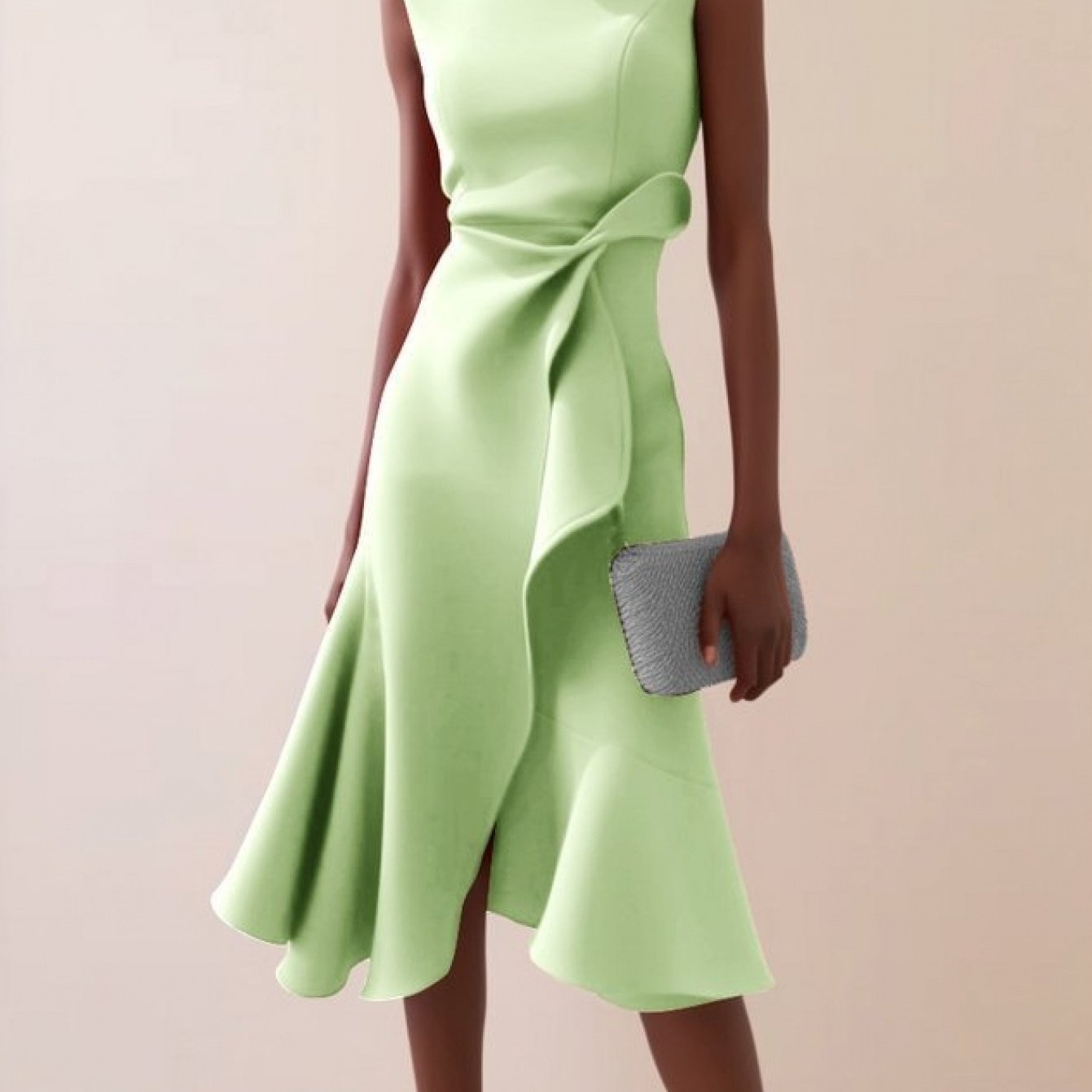 Women'S Sleeveless Midi Dress, Round Neck with Side Tie Knot Detail, Ruffle Wrap Flounce Hem, Elegant A-Line Silhouette, Perfect for Weddings, Cocktail Parties, Evening Events And Special Occasions, Chic And Sophisticated