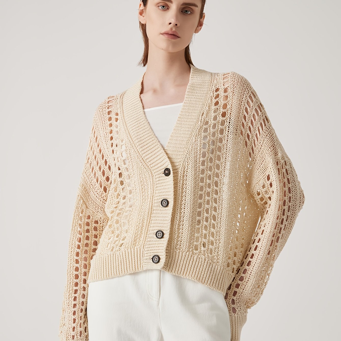 BC1121 Luxury Women's Clothing Summer 100% Linen Open Cardigan V-Neck Button Front Lightweight Breathable Cover Up for Beach Vacation & Outdoor