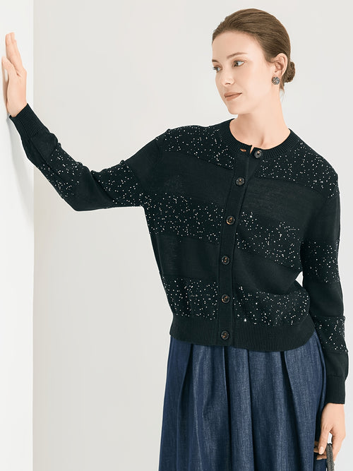 BD4611453 100% Linen Sequin Cardigan for Women, Elegant Open Front Long Sleeve Jacket with Scattered Paillette Detail, Lightweight Breathable Knitwear for Party & Office