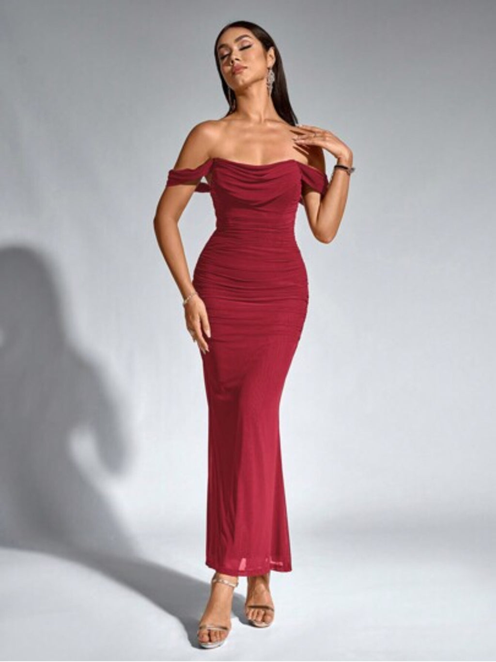 PARTHEA Women's Off-Shoulder Mermaid Maxi Dress with Ruffle Hem - Sleeveless Fitted Party Wedding Guest Dress, Solid Color Elegant -Length Dress Suitable for Prom, Special Occasions, Machine Washable