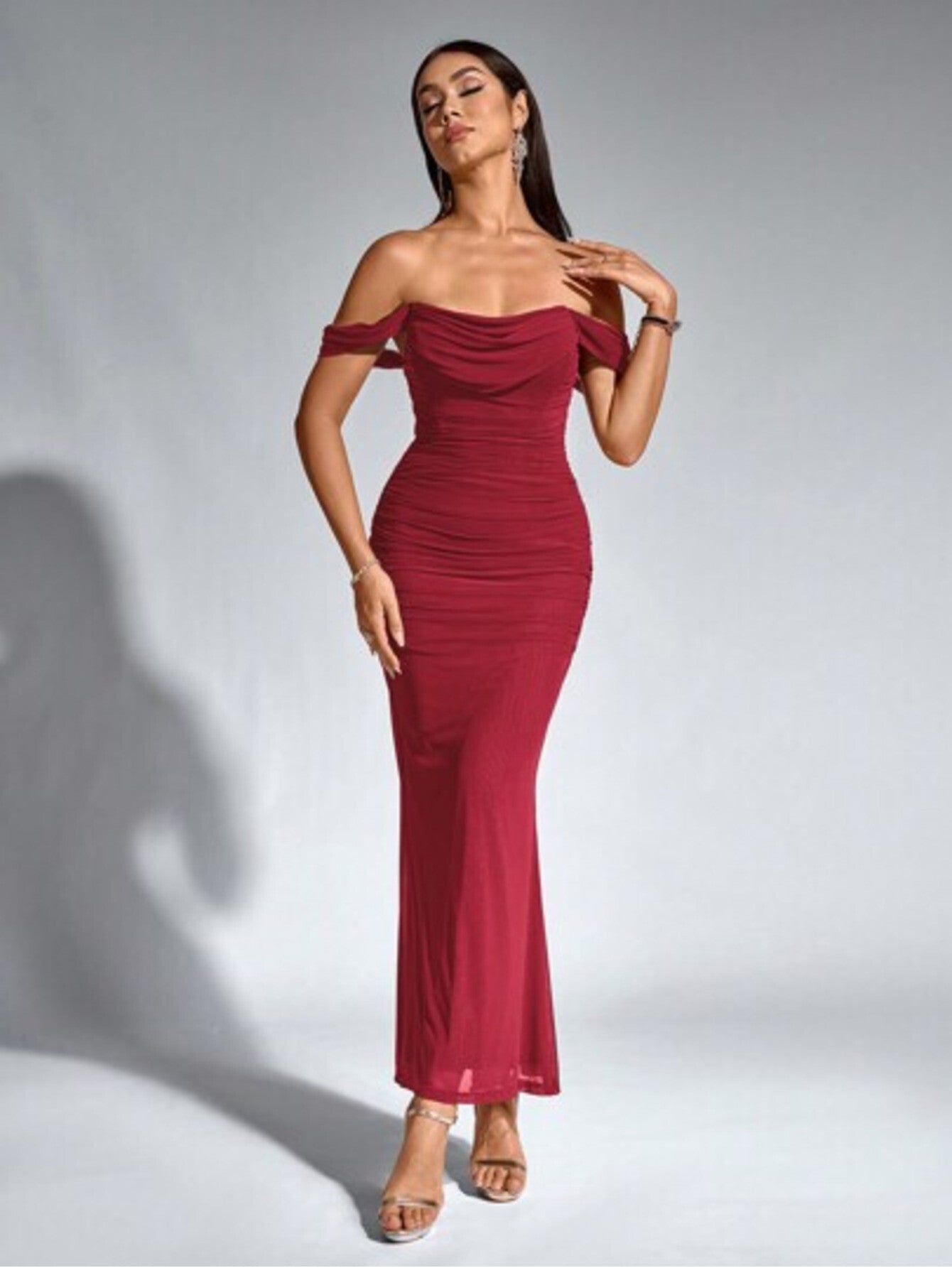 PARTHEA Women's Off-Shoulder Mermaid Maxi Dress with Ruffle Hem - Sleeveless Fitted Party Wedding Guest Dress, Solid Color Elegant -Length Dress Suitable for Prom, Special Occasions, Machine Washable
