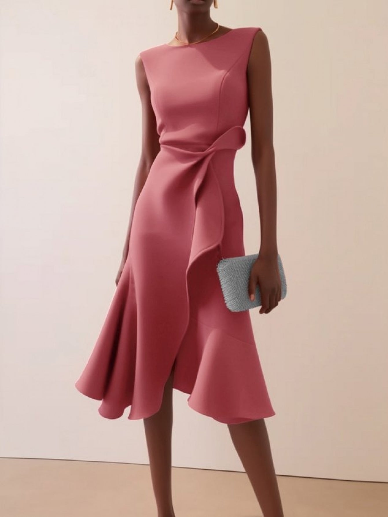 Women'S Sleeveless Midi Dress, Round Neck with Side Tie Knot Detail, Ruffle Wrap Flounce Hem, Elegant A-Line Silhouette, Perfect for Weddings, Cocktail Parties, Evening Events And Special Occasions, Chic And Sophisticated
