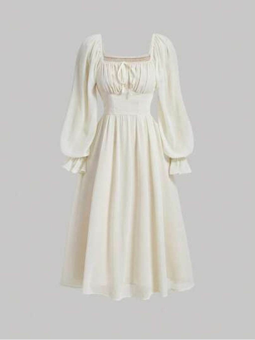 MOD Women's Style Minimalist Solid Color Neck Ruffle Sleeve Pleated Waist SpringAutumn.Ivory Chiffon Midi Dress