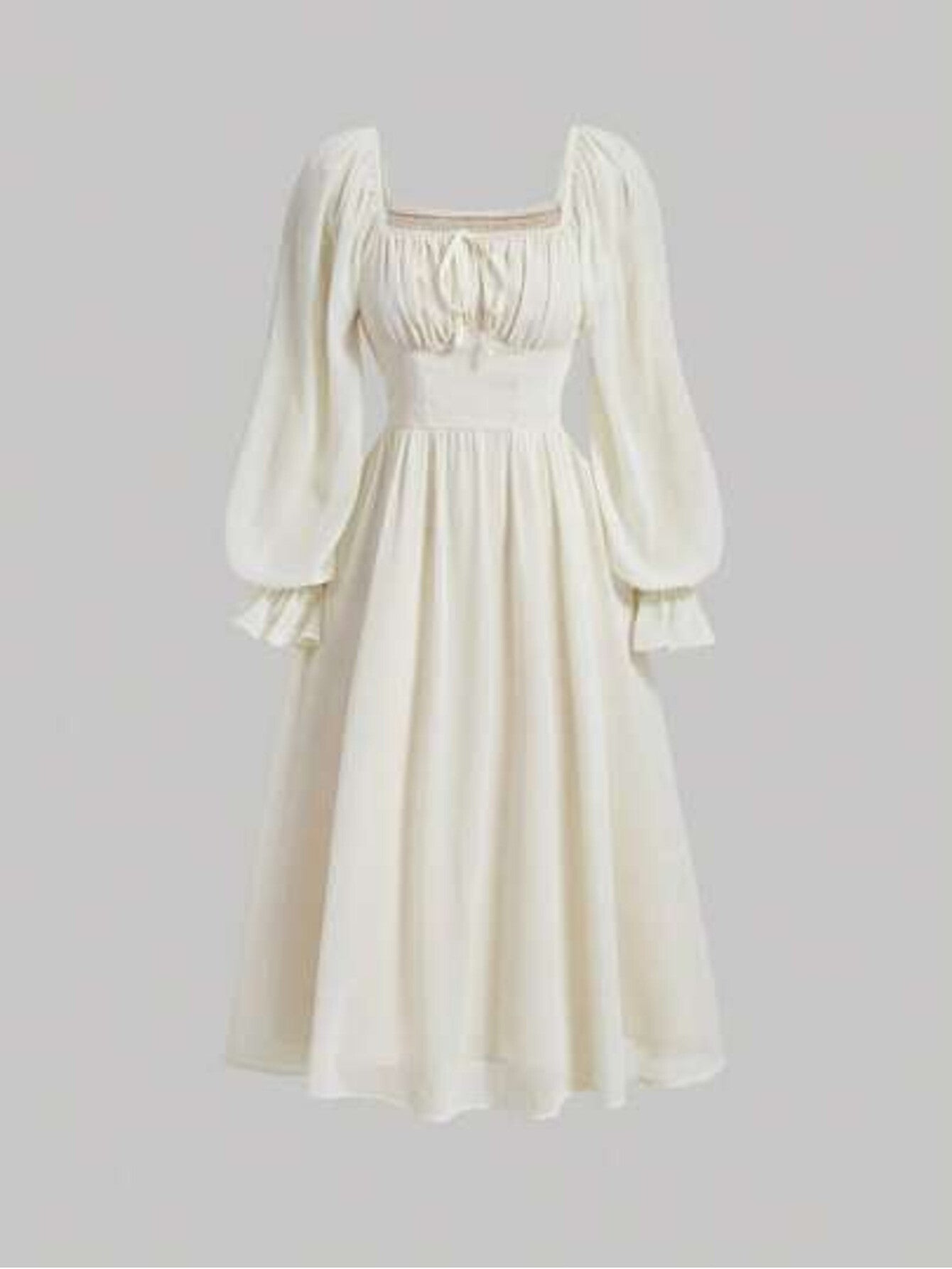MOD Women's Style Minimalist Solid Color Neck Ruffle Sleeve Pleated Waist SpringAutumn.Ivory Chiffon Midi Dress