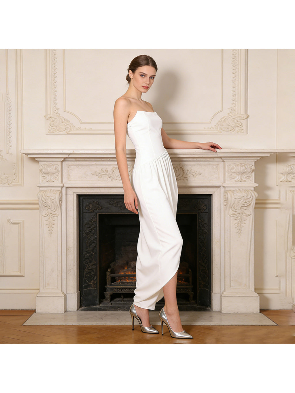 Women'S White Strapless Maxi Dress, Sleeveless Tube Top Ruched Asymmetrical Dress, Elegant High Waist Draped Bodycon Gown, Formal Evening Party Dress, Perfect for Wedding Guest, Cocktail, Bridesmaid, Prom And Special Occasions
