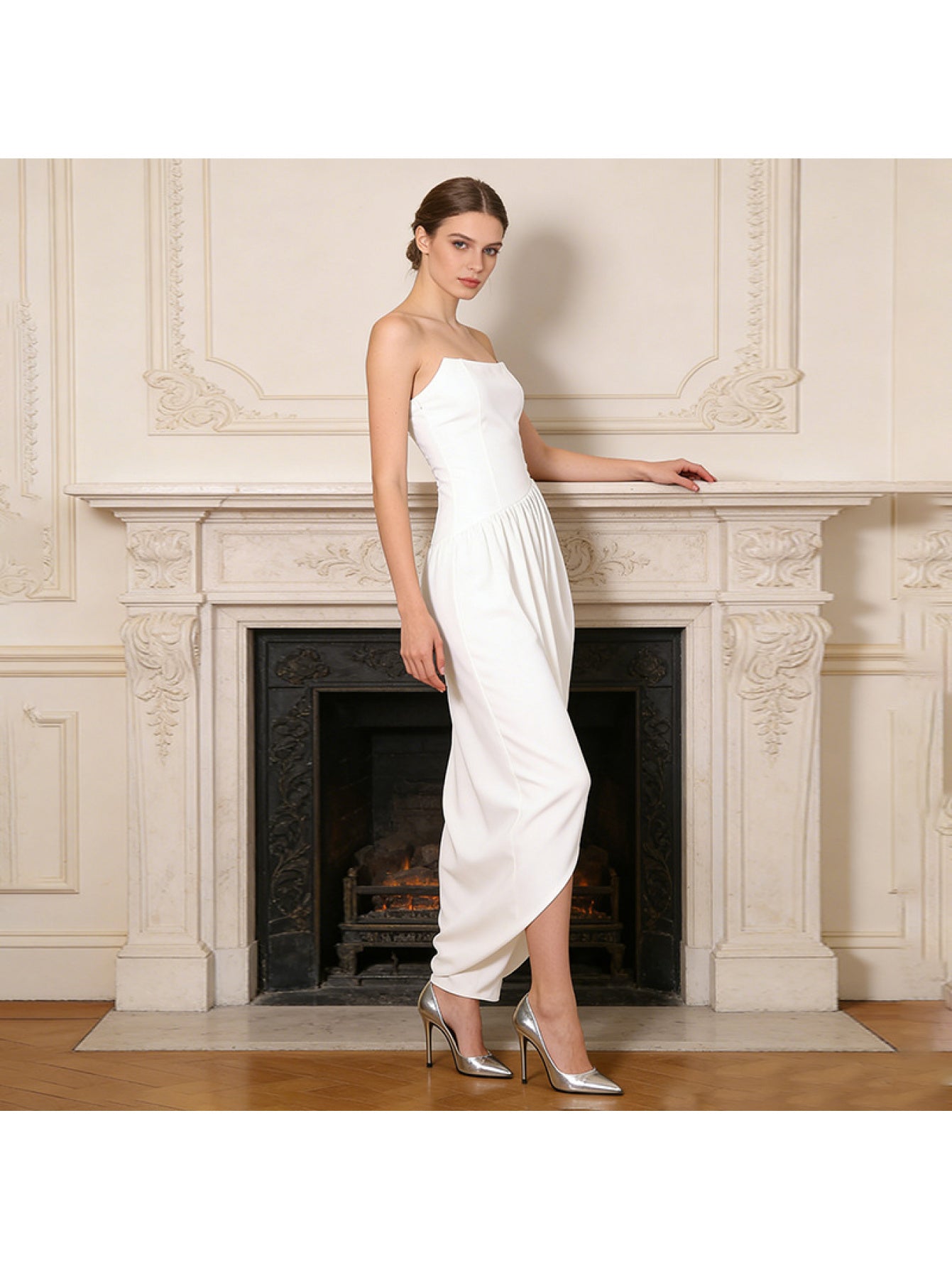 Women'S White Strapless Maxi Dress, Sleeveless Tube Top Ruched Asymmetrical Dress, Elegant High Waist Draped Bodycon Gown, Formal Evening Party Dress, Perfect for Wedding Guest, Cocktail, Bridesmaid, Prom And Special Occasions