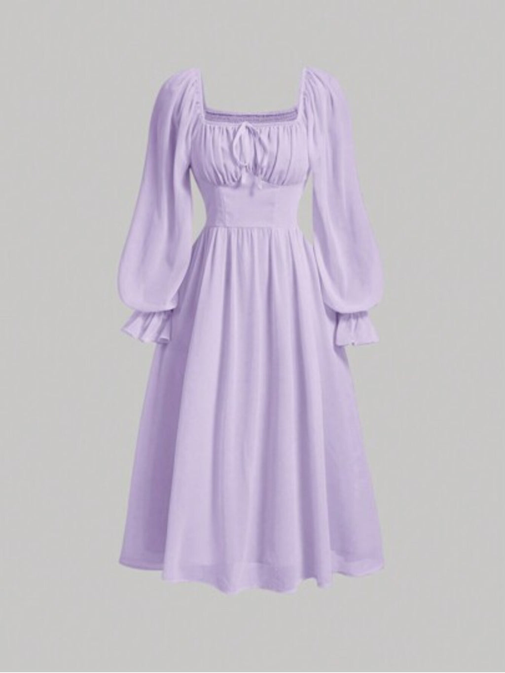 MOD Women's Style Minimalist Solid Color Neck Ruffle Sleeve Pleated Waist SpringAutumn.Ivory Chiffon Midi Dress