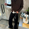 Teen Youth Men Retro Knit Cardigan Dark Gray Cashmere Mock Neck Cleanfit Style Loose Fit Versatile Minimalist Knit Jacket for Commute And Daily Outfits